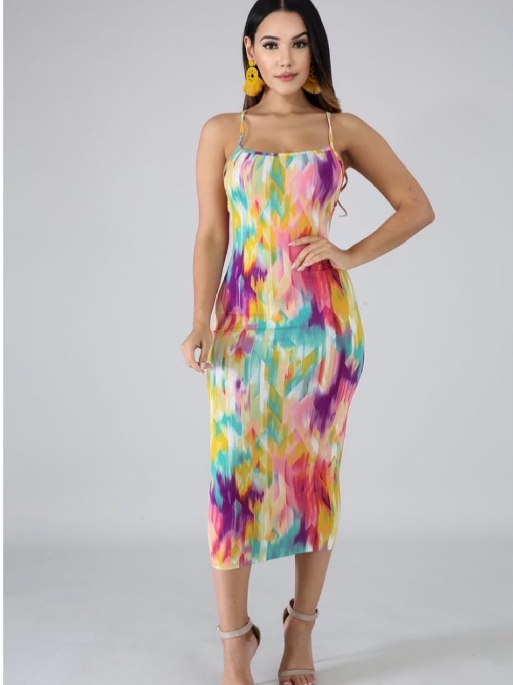 Abstract Multi-Color Spaghetti Strap Midi Dress